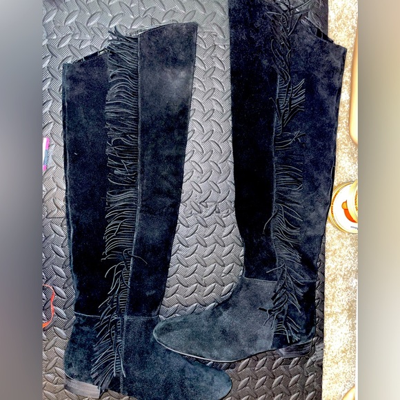 Nine West Shoes - ❌SOLD❌Nine West Vapretaport Black Suede OTK Boots w/ Side Fringe Size 9M